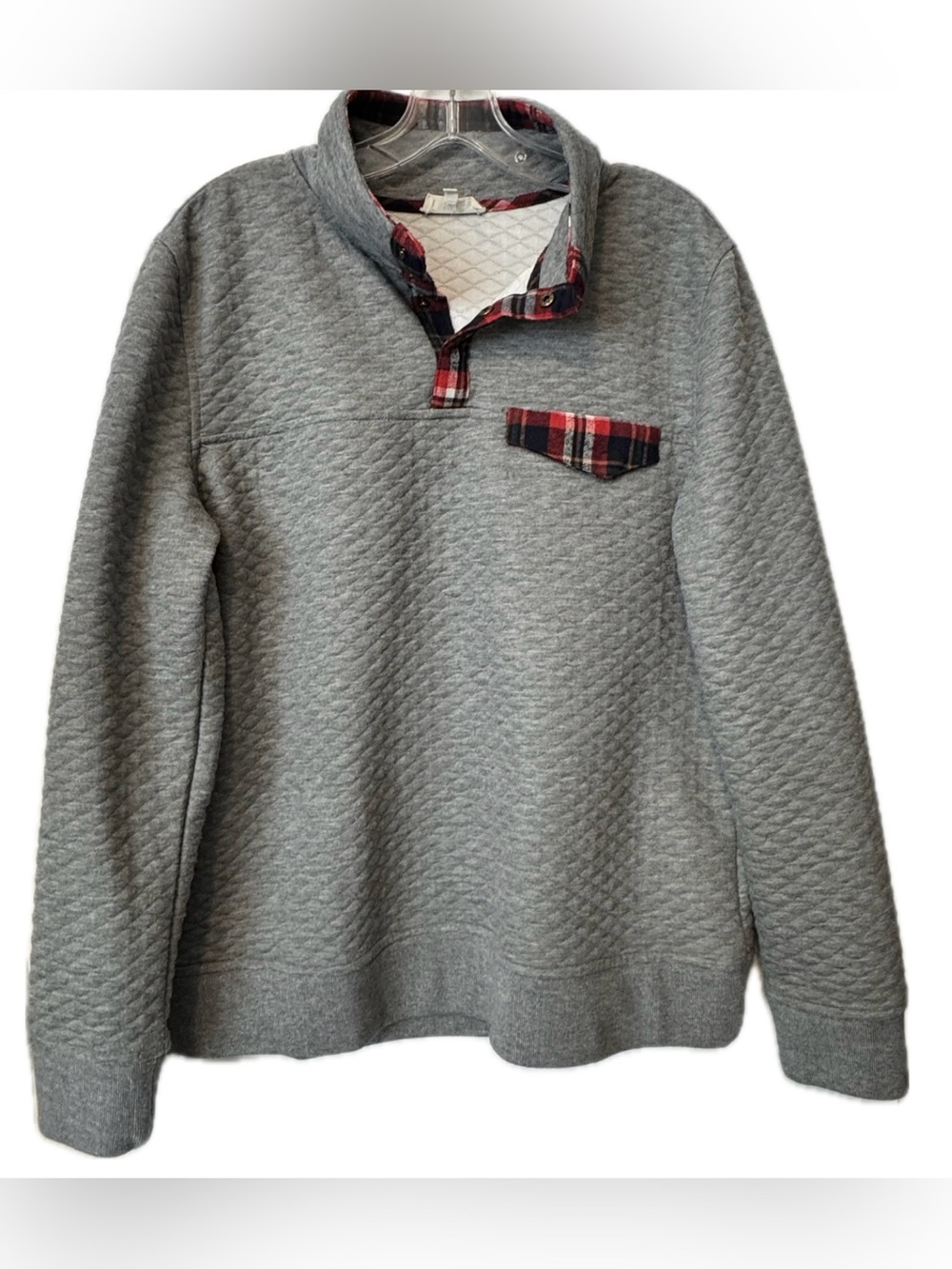 ENTRO Quilted Gray Pullover Sweatshirt Plaid Trim Elbow Patches Size L